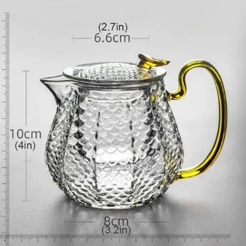 Glass teapot size reference showing 10 by 8 cm dimensions
