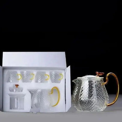 Glass teapot gift set with six cups in a gift box
