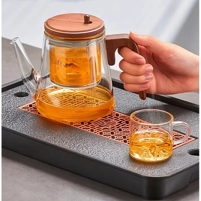 Glass teapot with cups of tea on tray