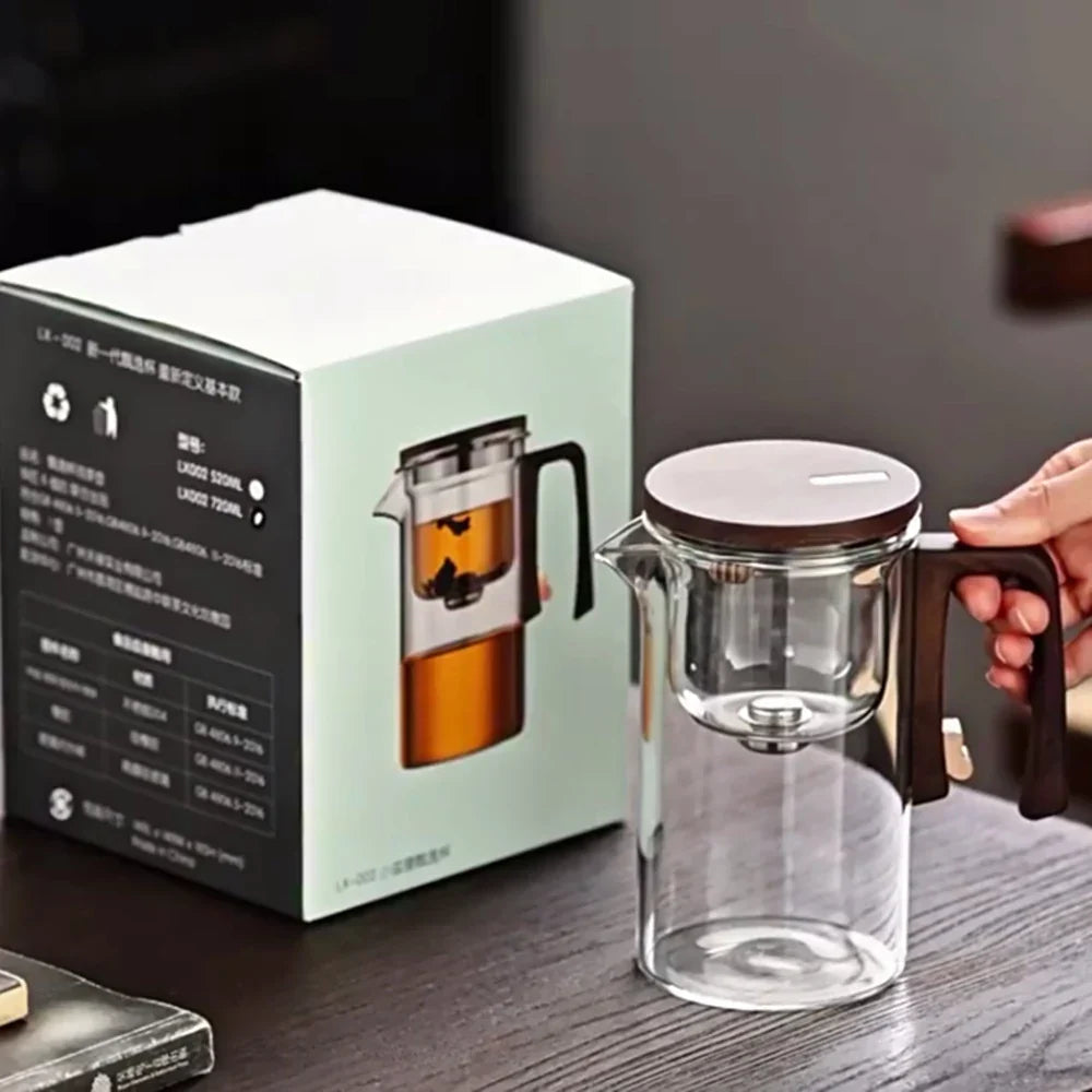 Magnetic mechanism on glass teapot infuser, showing how lid and basket connect