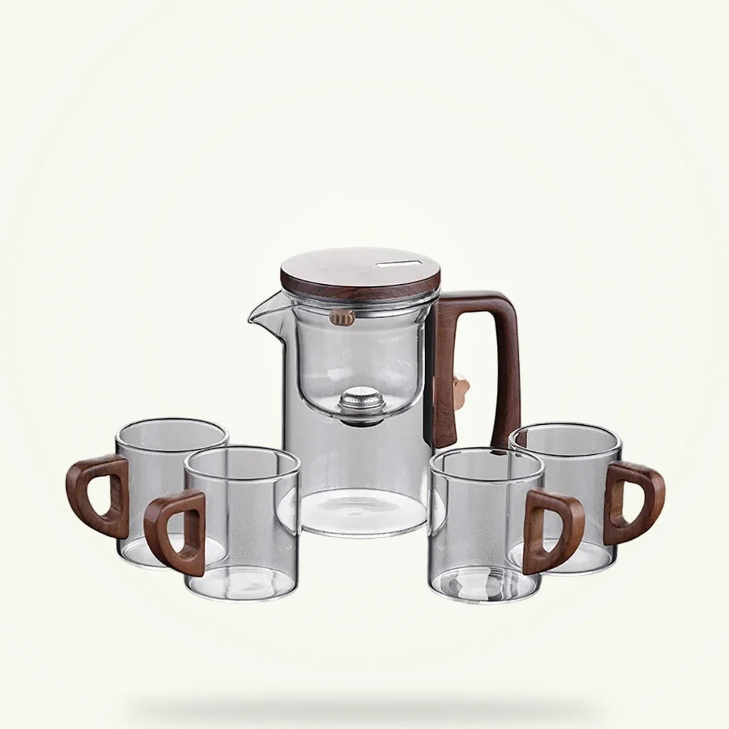Glass teapot with magnetic infuser and wood handle, full product view on neutral background