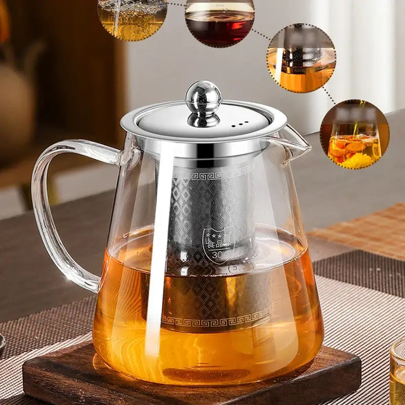Clear glass teapot with tea brewing inside