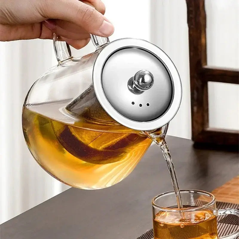 Glass teapot with stainless steel lid and handle