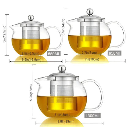 Three glass teapot sizes 650 ml 950 ml and 1300 ml side by side
