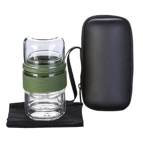 Green glass travel thermos for tea