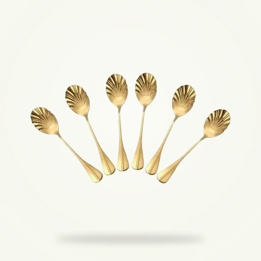 Gold Shell Tea Spoons, Set of 6 Stainless Steel Teaspoons, product photo on a plain background