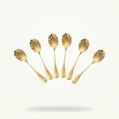 Gold Shell Tea Spoons, Set of 6 Stainless Steel Teaspoons, product photo on a plain background