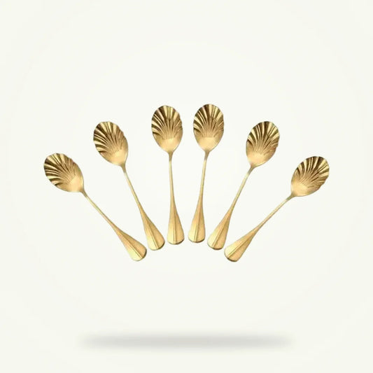 Gold Shell Tea Spoons, Set of 6 Stainless Steel Teaspoons, product photo on a plain background