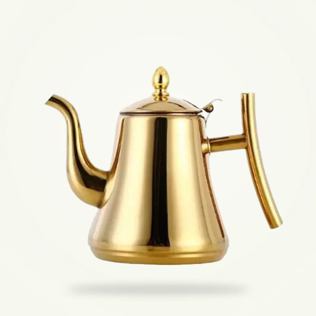 Gold Stainless Steel Teapot with Built-In Infuser, 1 L, 1.5 L, 2 L, product photo on a plain background