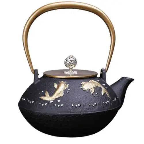 Enameled cast iron teapot with golden carp design