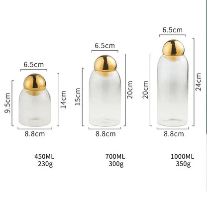 Close-up of the airtight golden metal lid sealing the glass tea canister
