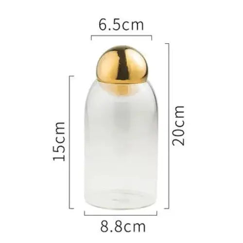 Medium golden glass tea canister with airtight lid on neutral background
