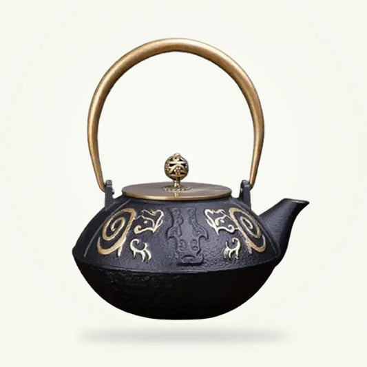 Golden Royal Cast Iron Teapot with Infinite Spiral Design, product photo on a plain background