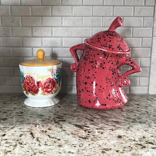 Cute tea bag storage box front view showing vintage character design