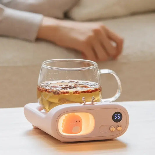 USB mug warmer with dinosaur design keeping coffee warm