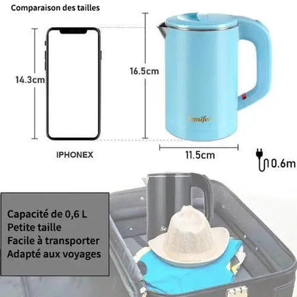 Turquoise electric kettle with steam rising