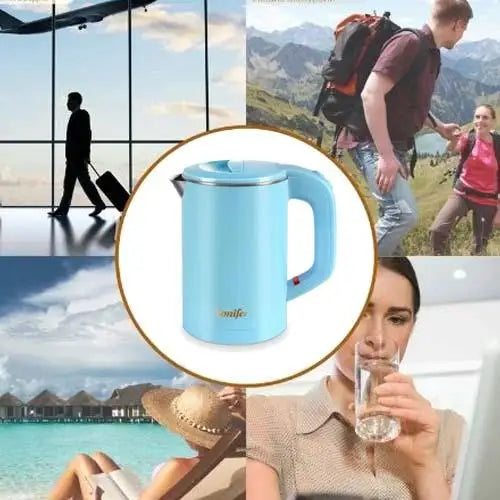 Pouring hot water from the blue kettle into a mug
