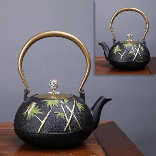 Large cast iron teapot with bamboo pattern