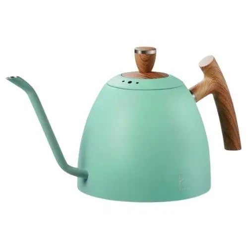 Close-up of the tapered gooseneck spout on the green stainless steel kettle