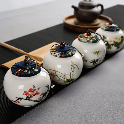 Small ceramic tea jar with Mei plum blossom hand-painted Chinese motif