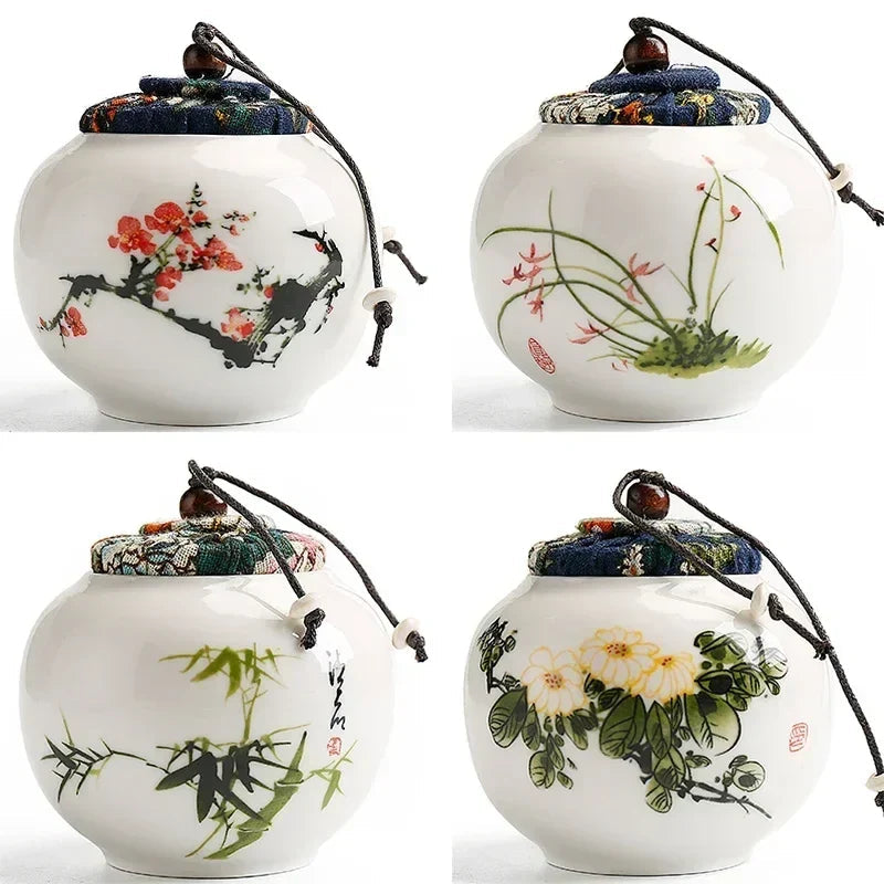 Hand-painted Chinese tea canister Lan orchid motif on white ceramic