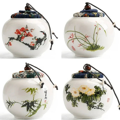 Hand-painted Chinese tea canister Lan orchid motif on white ceramic
