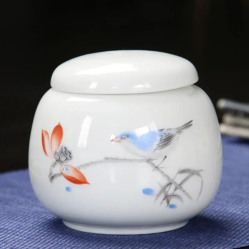 Small ceramic tea storage jar Zhu bamboo painting, front view