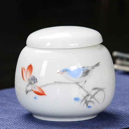 Small ceramic tea storage jar Zhu bamboo painting, front view