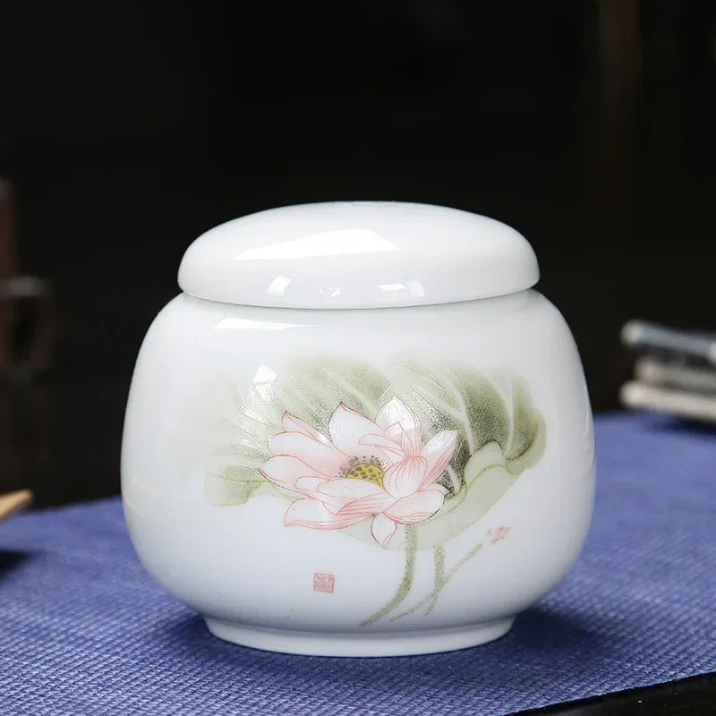 Chinese tea canister Ju chrysanthemum flower hand-painted on ceramic
