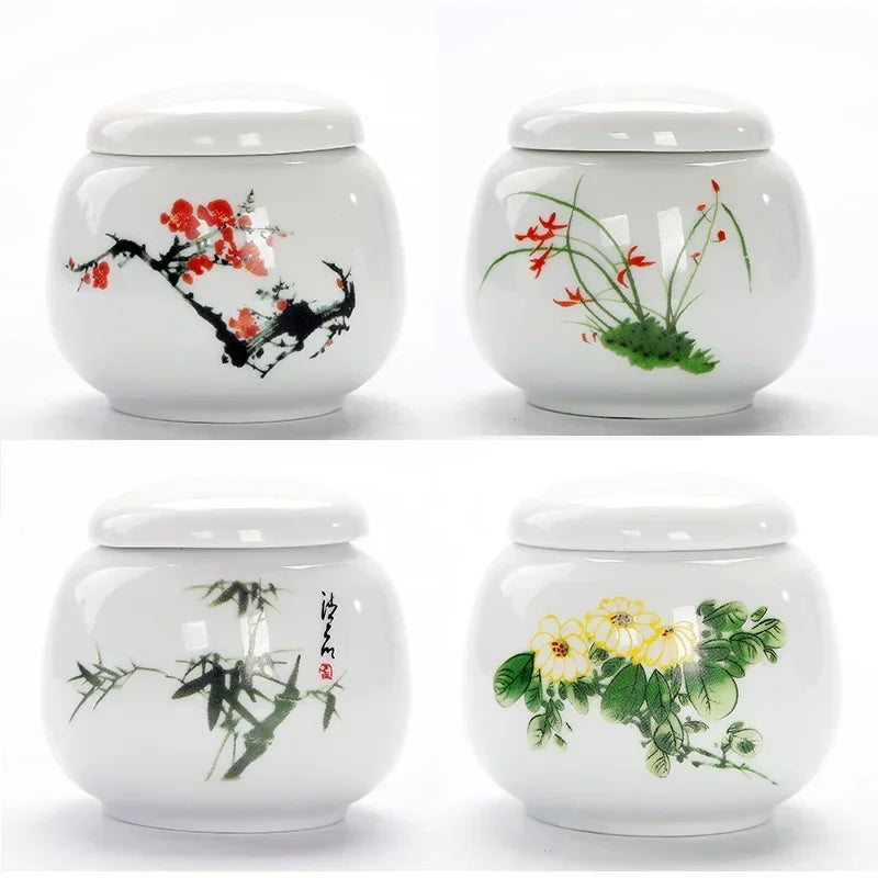 Ceramic tea storage jar with traditional Chinese bird and floral brushwork