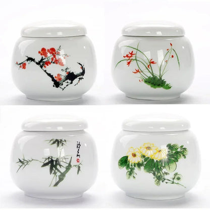 Ceramic tea storage jar with traditional Chinese bird and floral brushwork