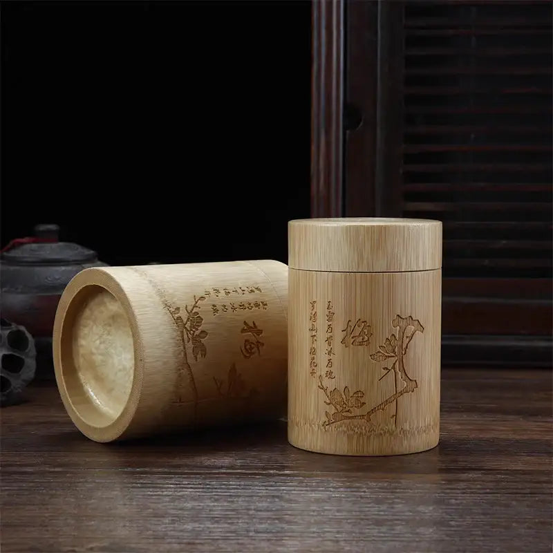 Handcrafted bamboo tea canister showing carved airtight lid detail