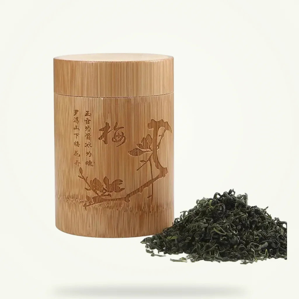 Handcrafted bamboo tea canister with airtight lid, plain background packshot