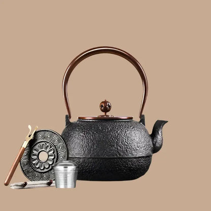 Cast iron teapot 1.5L on wooden table with tea cup, Japanese retro style in use
