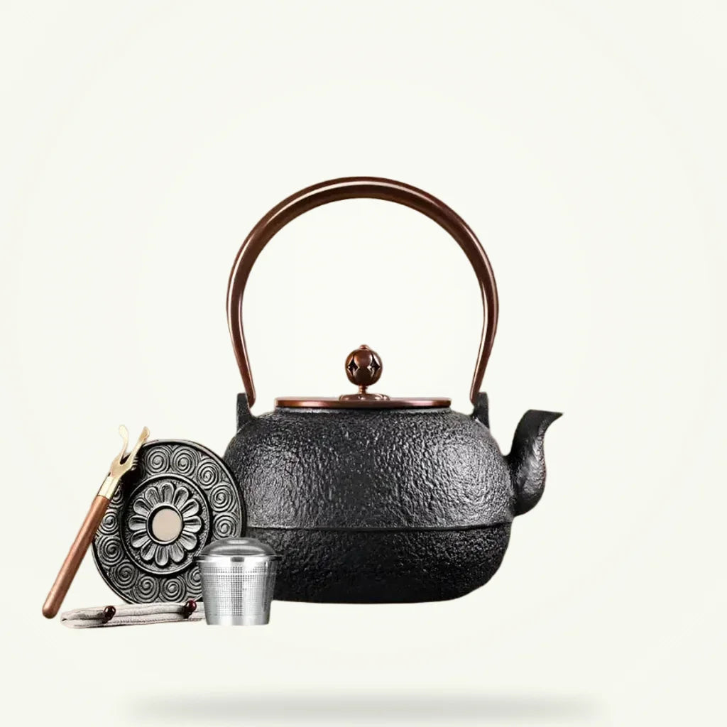 Handmade cast iron teapot 1.5L Japanese retro style, front view on plain background