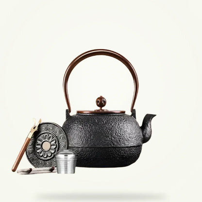 Handmade cast iron teapot 1.5L Japanese retro style, front view on plain background