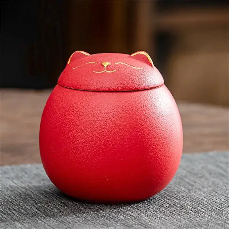 handmade-ceramic-cat-tea-canister Red