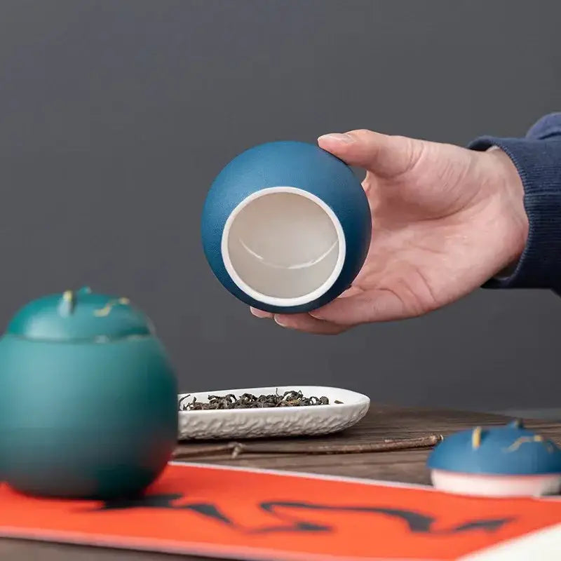 Blue glazed ceramic cat tea canister for loose-leaf tea storage