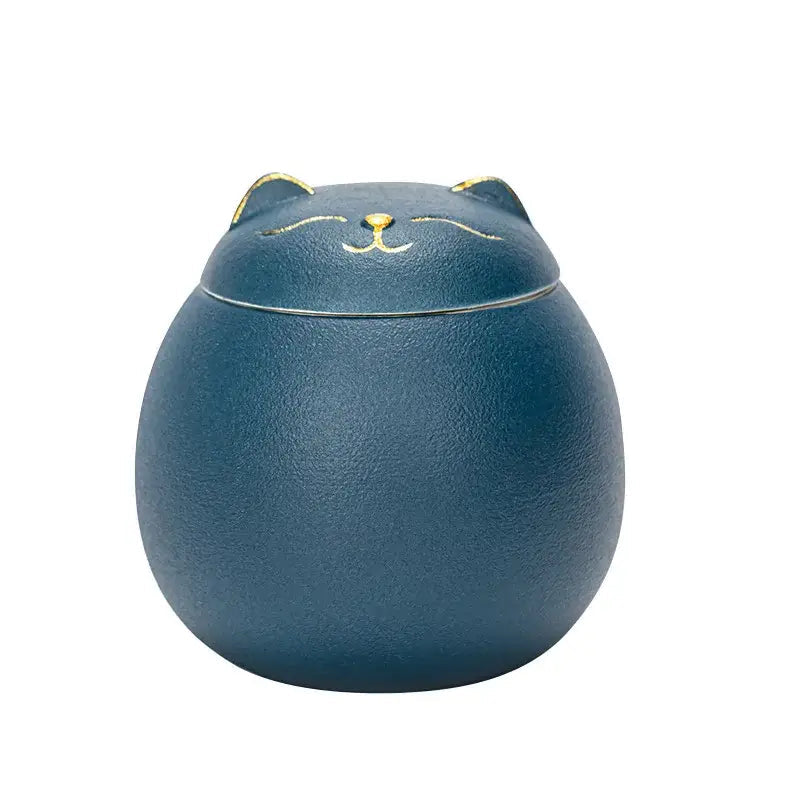 Red ceramic cat tea canister handmade glaze variation detail