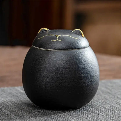 Black ceramic cat tea canister handmade glazed finish
