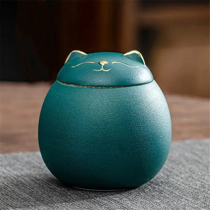 Green handmade ceramic cat tea canister 230 ml capacity