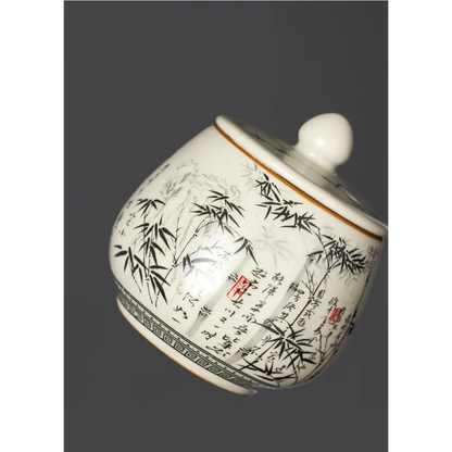 Hand-painted bamboo design ceramic tea caddy with removable bamboo lid