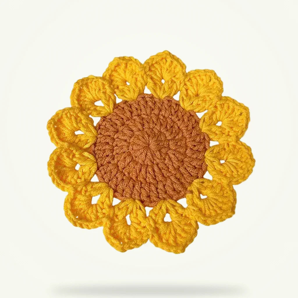 Handmade Sunflower Crochet Coasters Set of 4, 8, or 12 - Eco-Friendly Table Protection, product photo on a plain background