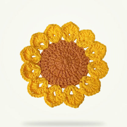 Handmade Sunflower Crochet Coasters Set of 4, 8, or 12 - Eco-Friendly Table Protection, product photo on a plain background