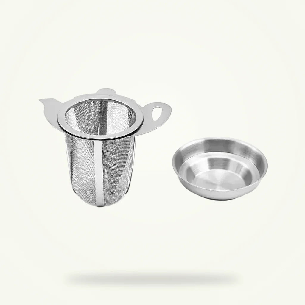 Individual Tea Infuser with Drip Tray - Stainless Steel Loose Leaf Tea Strainer, product photo on a plain background