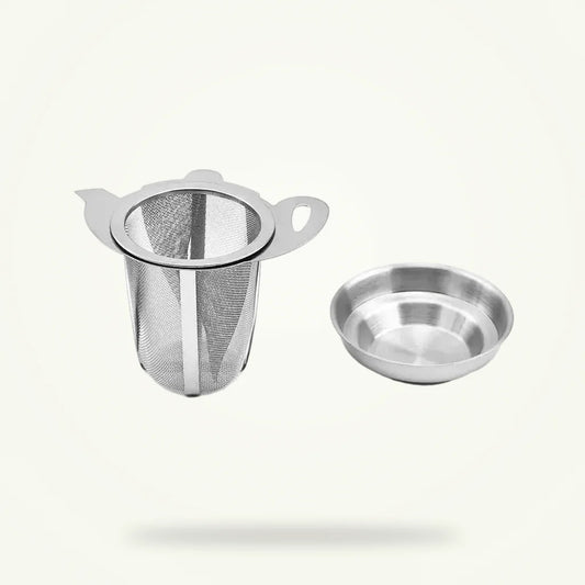 Individual Tea Infuser with Drip Tray - Stainless Steel Loose Leaf Tea Strainer, product photo on a plain background