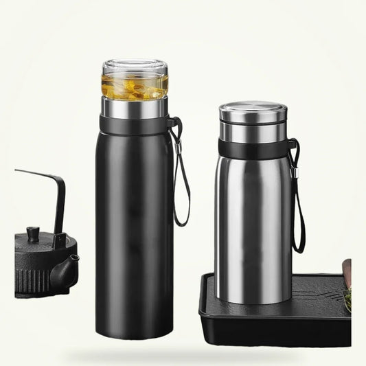 Insulated stainless steel teapot with removable infuser, 750ml and 1100ml sizes on plain background