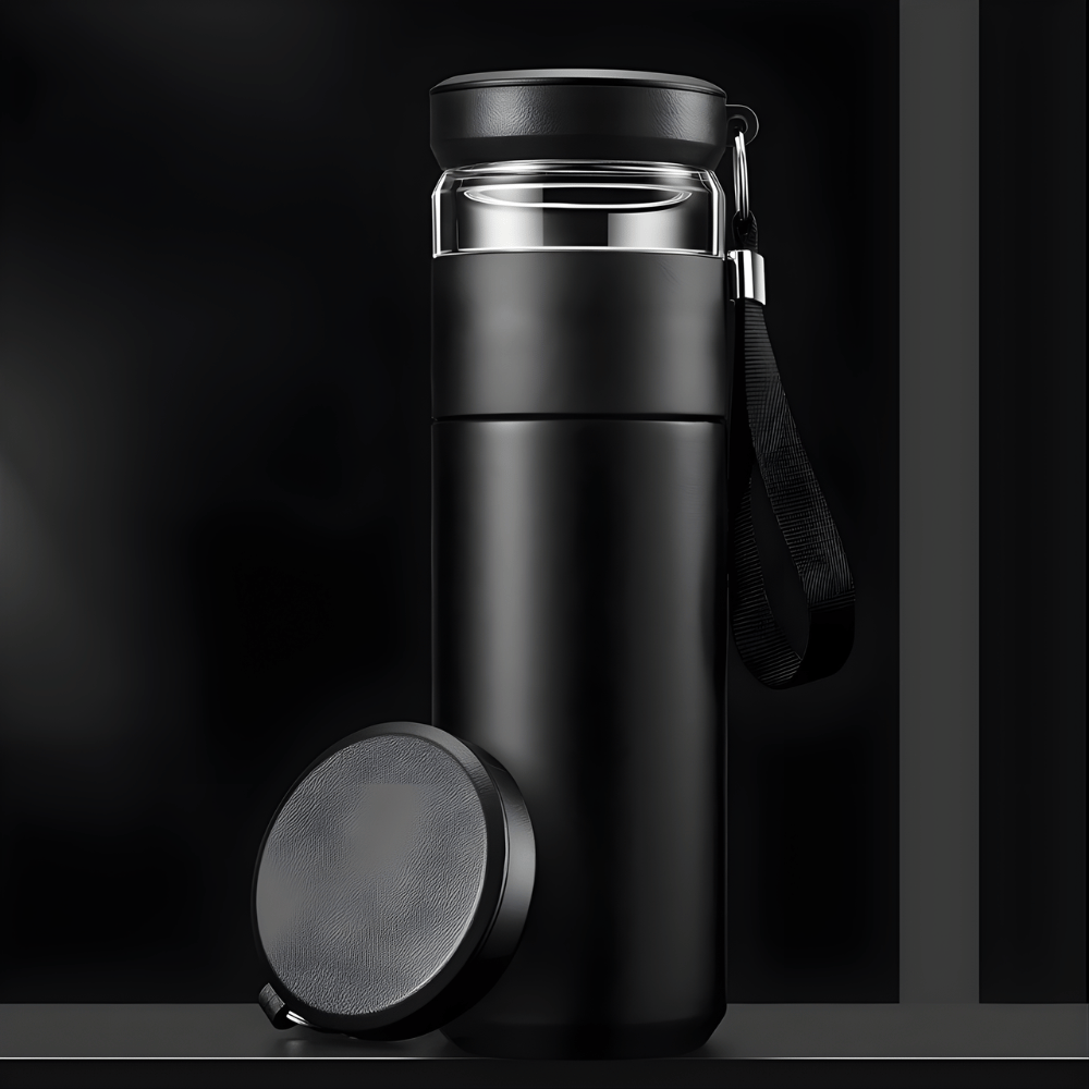 Double-wall vacuum stainless steel tea thermos with infuser, cross-section showing inner basket