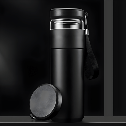 Double-wall vacuum stainless steel tea thermos with infuser, cross-section showing inner basket