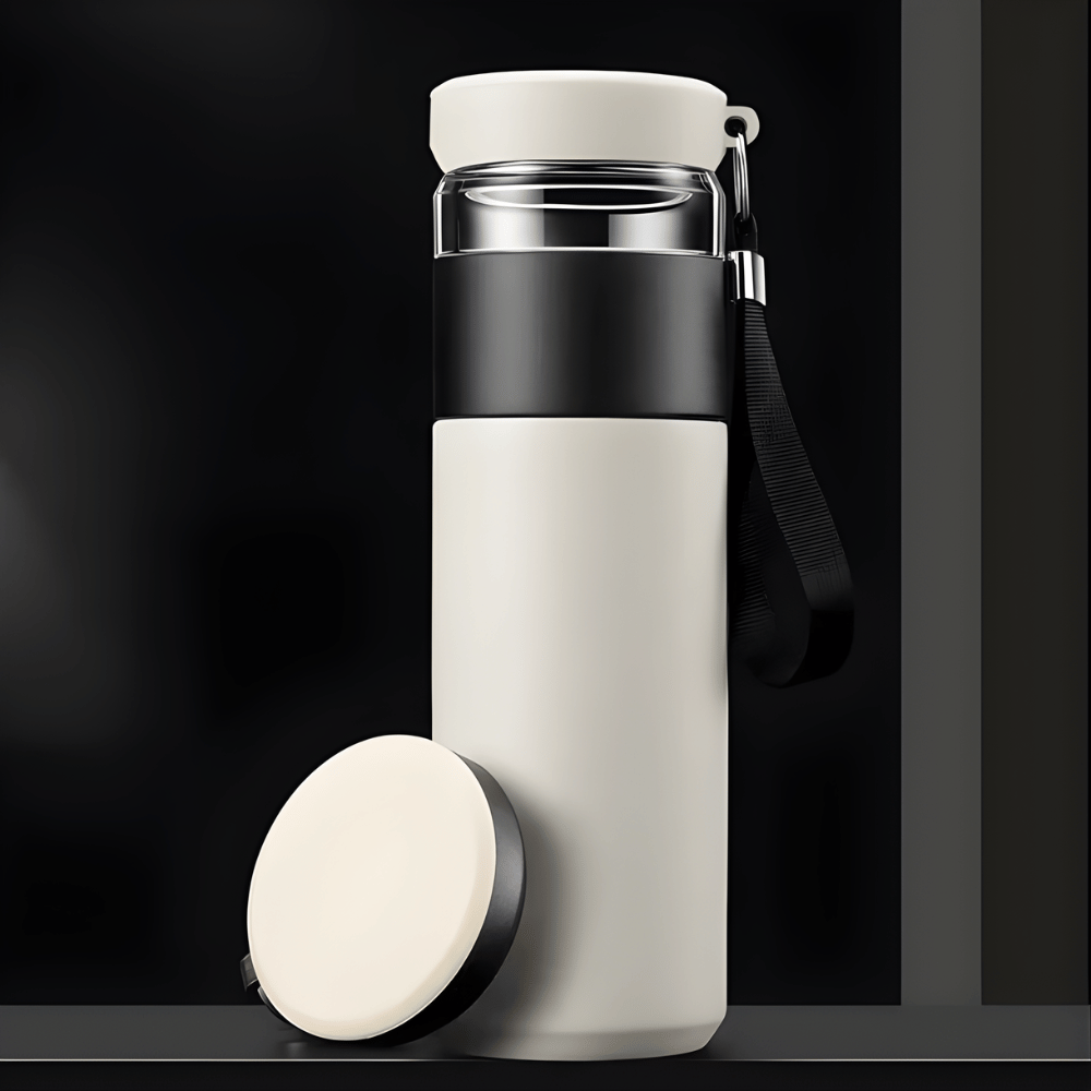 White insulated tea thermos with infuser 500ml, lid open showing stainless steel basket